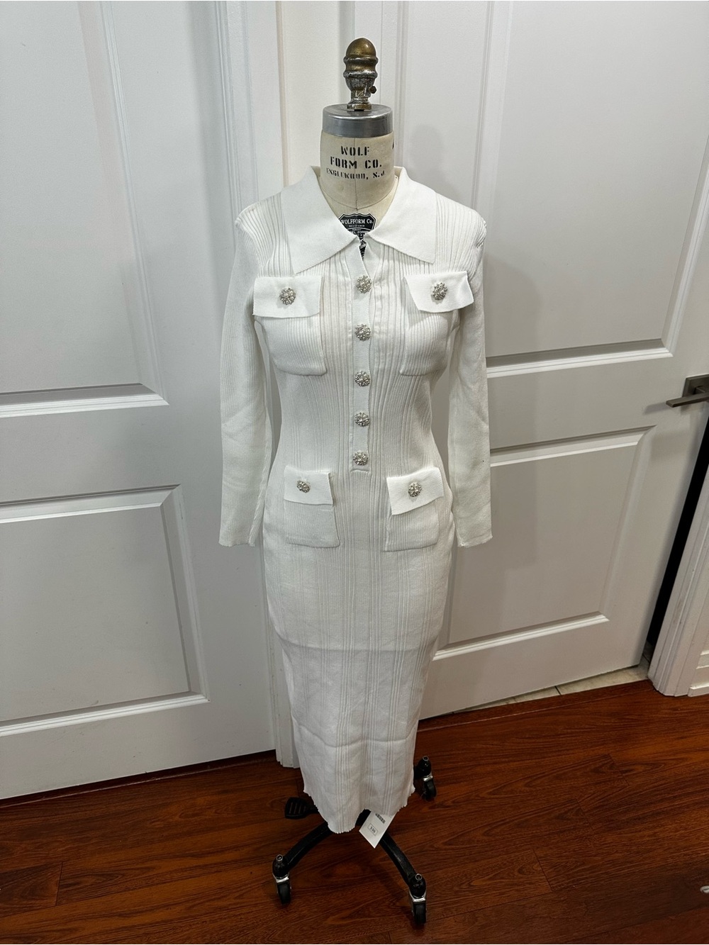Tailored White Long-Sleeve Button-Front Knit Dress